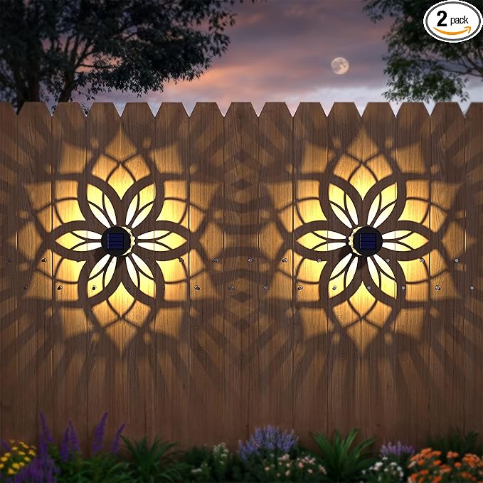 2 Pack Solar Fence Lights Metal Solar Powered Outdoor Wall Deck Step Lights Mandala Theme Waterproof Fence Light for Garden Post Patio Backyard Yard Decor, Gardening Gifts for Women Mom Grandma-HomvellaHome