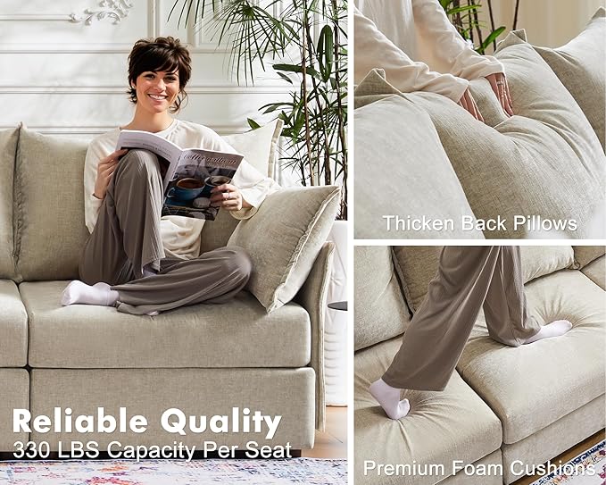 102.6" U Shaped Modular Sectional Sofa, 5 Seater Couch with Storage Ottoman Deep Seat and High Backrest with Removable Cover for Living Room, Apartment - Chenille Beige-HomvellaHome