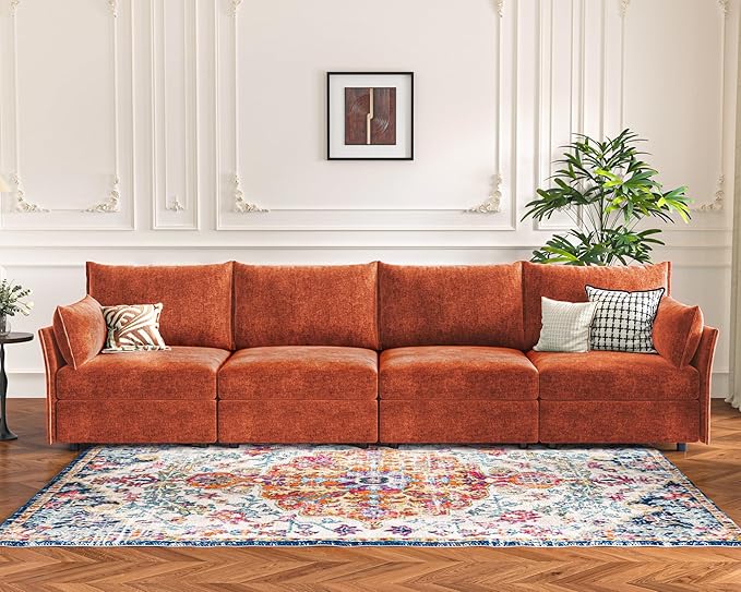 134.6" Modular Sectional Sofa, Oversized 4 Seater Terracotta Orange Couch with Removable Chenille Fabric Cover, Deep Seat & High Backrest for Living Room, Office & Apartment-HomvellaHome