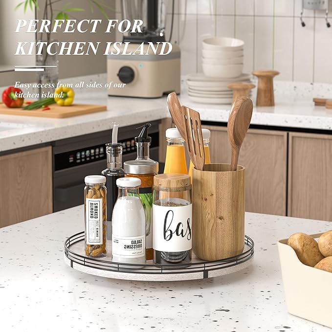 16" Lazy Susan Oak Wood Turntable Organizer for Cabinet, Farmhouse Round Wooden Lazy Susan Organization and Storage for Dining Table, Pantry, Kitchen, Bathroom, Countertop, Cupboard, Kitchen Decor-HomvellaHome