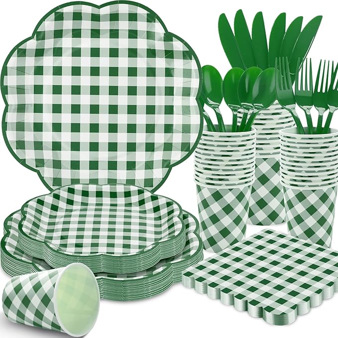 175 Pcs Green Gingham Plates and Napkins Party Supplies - Green and White Checkered Plates Sets Serve 25 Guests - Scalloped Gingham Paper Plate for Birthday Picnic BBQ Golf Party Decorations-HomvellaHome