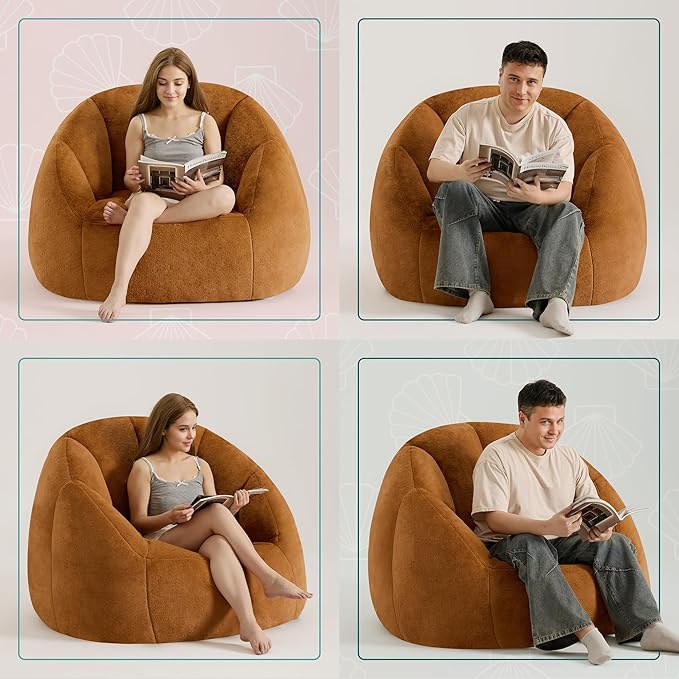 Giant Bean Bag Swivel Chair for Adults - Comfy Plush Round Shell Soft Accent Chair, Oversized Cozy Floor Sofa for Living Room, Bedroom & Game Rooms, Orange-HomvellaHome