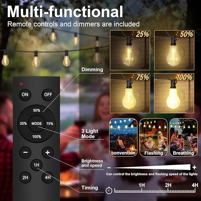 100FT Outdoor String Lights Waterproof with 64+4 Bulbs (1.5FT Bulbs Spacing), Remote & Dimmer, Commercial Patio String Lights with 3 Mode Light & Timing, 100PC Mounting Ties for Outside-HomvellaHome
