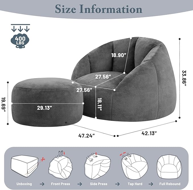Giant Bean Bag Chaise Lounge Indoor Chair for Adults - Comfy Plush Round Shell Soft Accent Chair, Oversized Cozy Floor Sofa for Living Room, Bedroom & Game Rooms, Gray-HomvellaHome