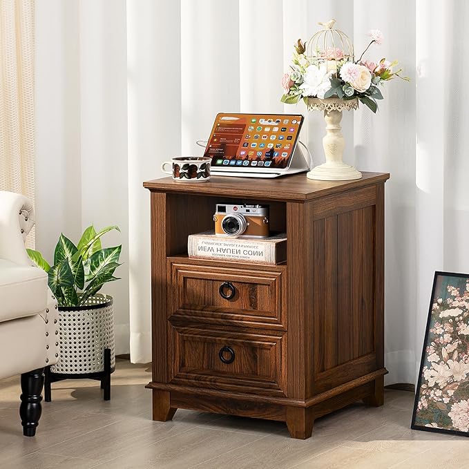 18" Farmhouse Night Stands Set of 2 with Charging Station, 2 Drawers End Table Dresser for Bedroom, Brown Wooden Nightstand, Bed Side Table with Open Shelf, Bedside Cabinet for Living Room-HomvellaHome