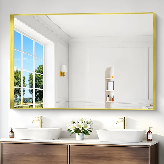 Gold Bathroom Mirror, 60x40 Inch Rectangular Framed Mirror, Large Wall Mounted Bathroom Vanity Mirror Over Sink for Bedroom,Restroom, Living Room, Hangs Vertically or Horizontally-HomvellaHome
