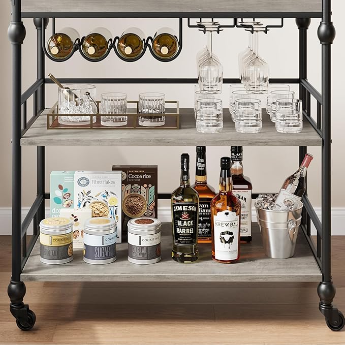 GarveeHome Bar Cart, Bar Carts for The Home, 3 Tier Serving Cart with Wheels, Home Bar & Serving Carts, Metal Rolling Cart with Wine Rack & Removable Tray for Kitchen, Dining Room, Living Room-Grey-HomvellaHome