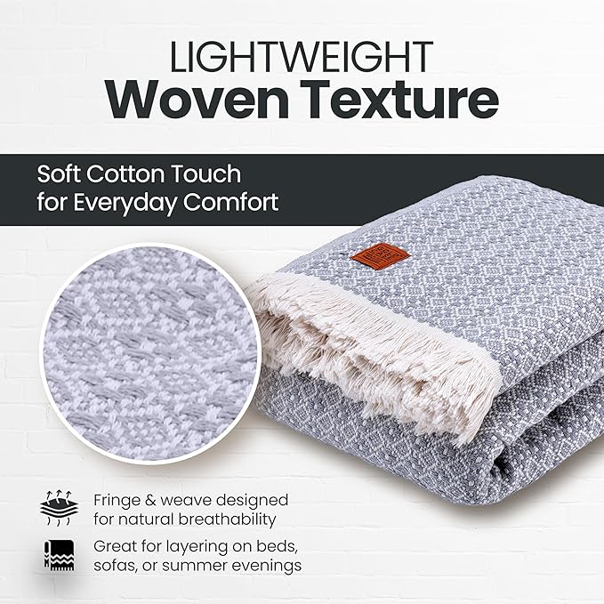 Gold Case Throw Blanket for Bed – 100% Recycled Turkish Cotton Bed Blanket – Decorative Throw Cotton Blankets for Living Room & Bedroom – Woven Twin Blankets - 71x90 - Grey-HomvellaHome
