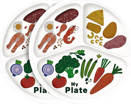 10" 3-Grid Cute Cartoon Portion Control Plate - Melamine, Healthy Nutrition for Weight Loss & Diabetes Management, Ideal for Adults & Teens Kids (2 Pack)-HomvellaHome