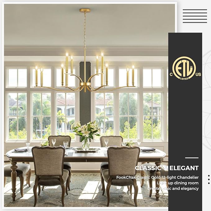 12 Light Gold Living Room Chandelier High Ceiling Foyer Candle Chandelier Large Modern Brass 44in Metal Chandeliers Hanging Light for Master Bedroom Dining Room Light Fixture Over Table-HomvellaHome