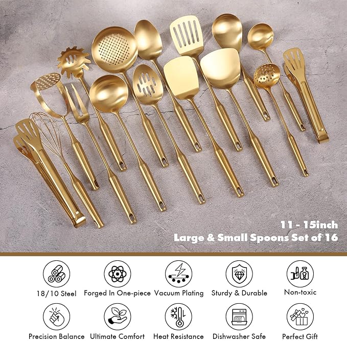 Gold Cooking Utensils Set - 18/10 Stainless Steel Large and Small Spoons Set, 16 PCS All Metal Kitchen Tools, Serving Utensils - Whisk, Masher, Fork, Tongs, Spatula, Ladle, Skimmer, Turner, Pasta-HomvellaHome