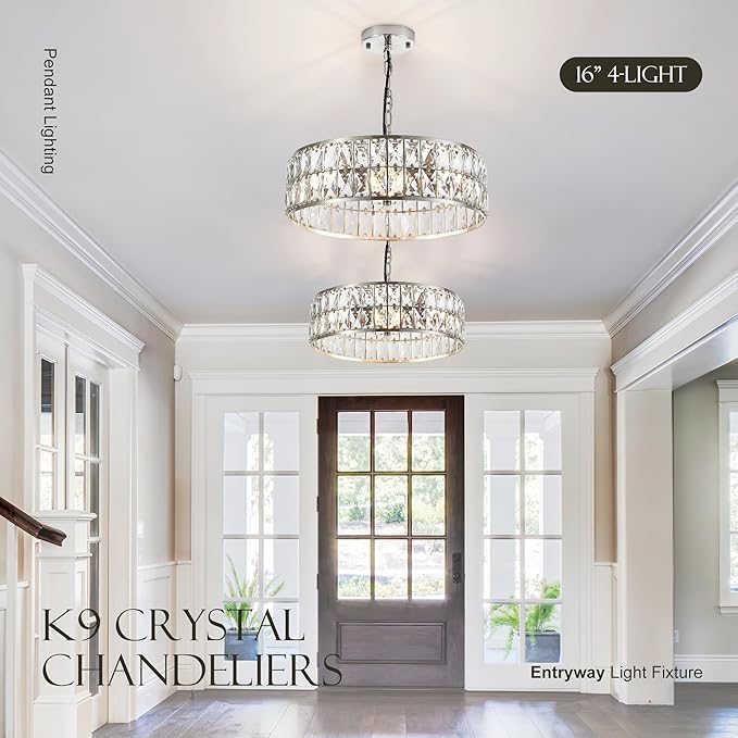 16” 4-Light Modern Crystal Chandeliers Nickel Dinning Room Light Fixture, Round Pendant Light Kitchen Island Chandelier, Flush Mount Ceiling Light for Living Room Entryway Bedroom Foyer-HomvellaHome