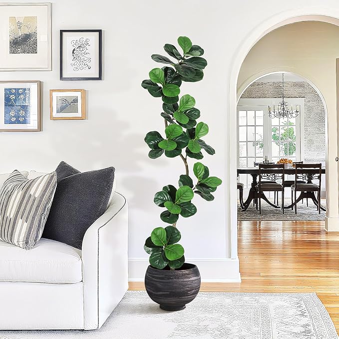GarveeHome Fiddle Leaf Fig Artificial Tree with White Planter,7ft Faux Plants Indoor with Moss, Fake Rubber Tall Fake Floor Plant in Pot - Artificial Trees for Home Office Living Room Decor-HomvellaHome