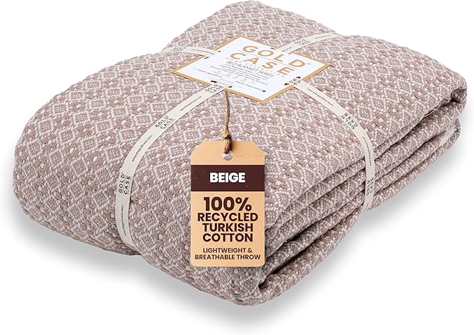 Gold Case Throw Blanket for Bed – 100% Recycled Turkish Cotton Bed Blanket – Decorative Throw Cotton Blankets for Living Room & Bedroom – Woven Twin Blankets - 71x90 - Beige-HomvellaHome