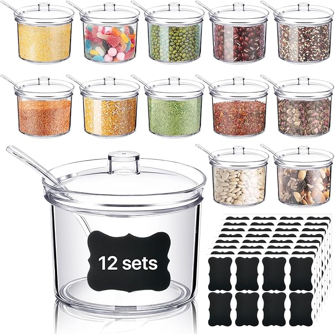 12 Pcs Acrylic Sugar Bowl with Lid and Spoon,7.1 Oz Clear Condiment Storage Pot,Sugar Jar Spices Container for Home Kitchen,Coffee Bar,Restaurant-HomvellaHome