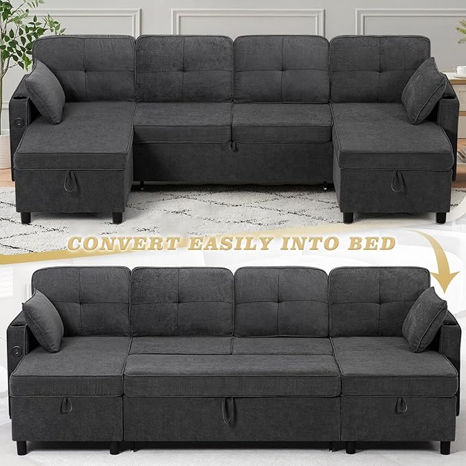 110 Inches Chenille Sectional Sofa w/Adjustable Back & Pull Out Sofa Bed, Tufted U Shaped Couch w/Two Storage Chaises, Sleeper Sectional Sofa w/USB Port & Cup Holders for Living Room, Grey-HomvellaHome