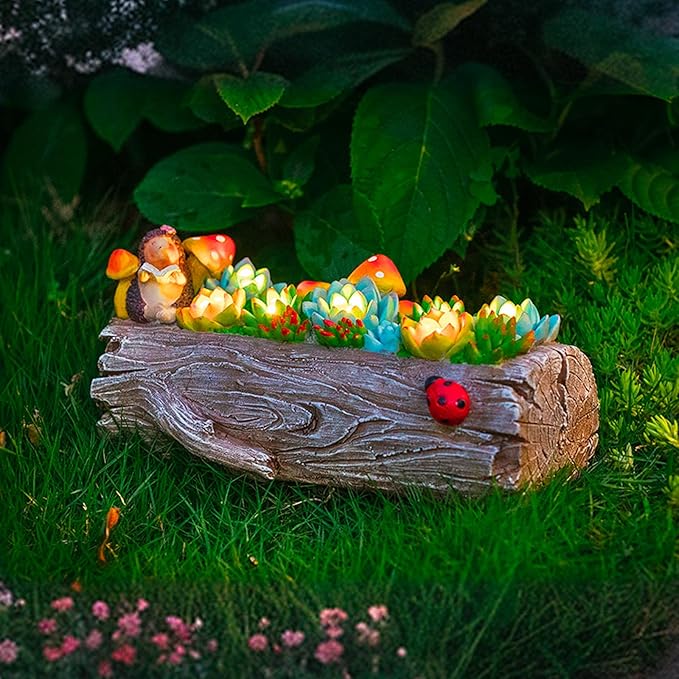 Garden Solar Figurine Light - Stump Succulent Solar Light Outdoor, Solar Powered Lighting Outside Decorations Yard Art Lawn Ornaments for Porch Patio Balcony - Succulent Gifts for Women Mom-HomvellaHome