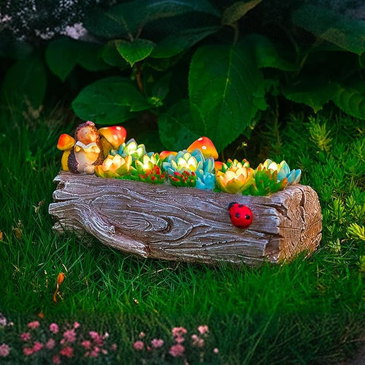 Garden Solar Figurine Light - Stump Succulent Solar Light Outdoor, Solar Powered Lighting Outside Decorations Yard Art Lawn Ornaments for Porch Patio Balcony - Succulent Gifts for Women Mom-HomvellaHome