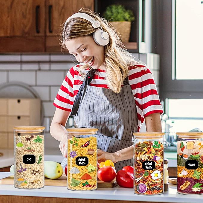 Glass Storage Jars 45 oz 4 Pcs Clear Glass Food Storage Containers with Airtight Bamboo Lid Stackable Kitchen Canisters for Candy, Cookie, Rice, Sugar, Flour, Pasta, Nuts-HomvellaHome