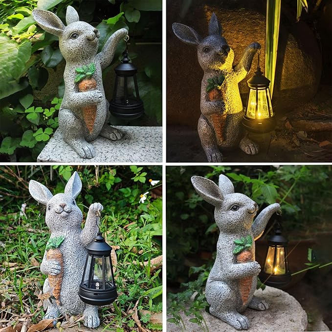 Garden Statues Rabbit Solar Lantern Outdoor Handmade Resin Statue Bunny with Cute Carrot for Patio, Yard,Mother's Day Gift Ideas (rabbit1)-HomvellaHome