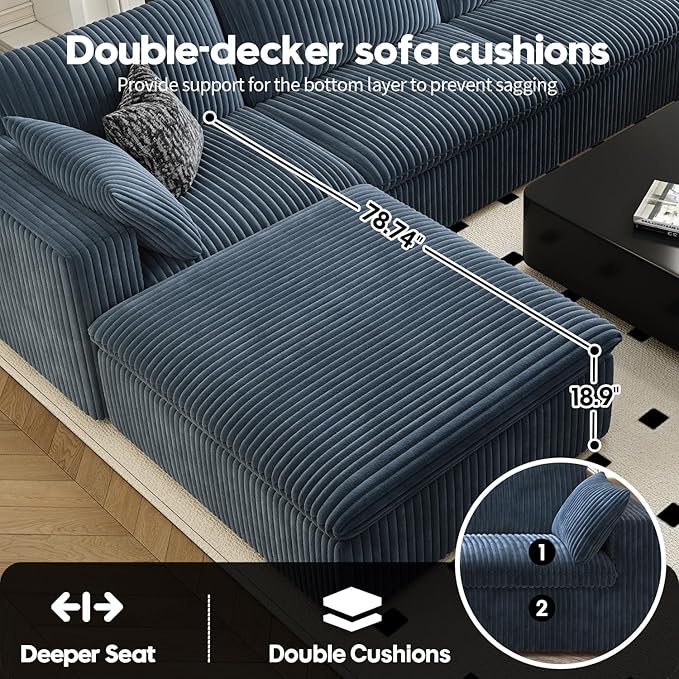 118" Cloud Couch Modular Sectional Sofa for Living Room,Modern Sofa with Deep Seat，L-Shape Boneless Couch with Ottoman,Comfy Upholstered Corduroy Couches for Apartment, Studio, Office,Bedroom，Blue-HomvellaHome