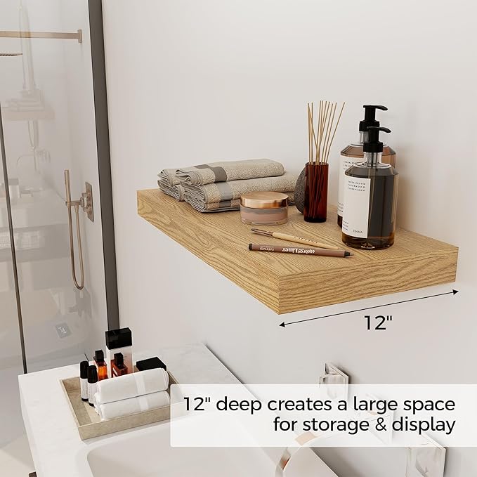 12 Inch Deep Floating Shelves, 24 x 12 Floating Shelf for Books, Rustic Wood Deep Wall Shelves for Home Storage & Display, 2" Thicked Shelves for Kitchen, Living Room, Bedroom, Oak Color, 2 Pack-HomvellaHome