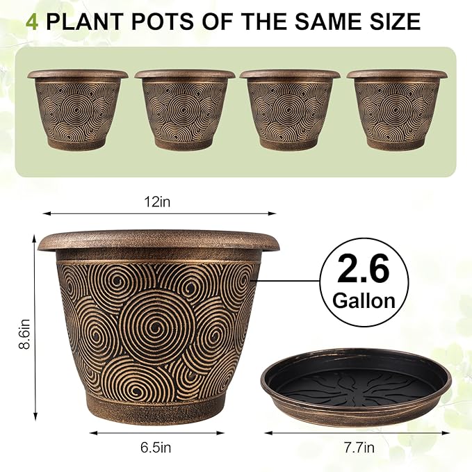12 Inch Large Planter Pot for Plants Indoor Outdoor, 4 Pack Plastic Flower Pots with Drainage Hole & Tray, Modern Decorative Garden Pot with Saucer, Plant Container for House-HomvellaHome