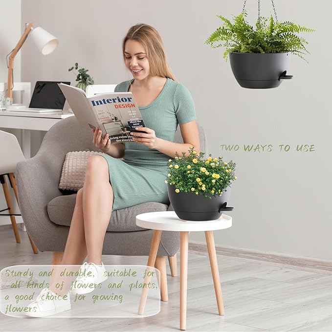 12 Inch Hanging Baskets 2 PC with Chains, Self-Watering Hanging Planters for Indoor Outdoor Plants, Plastic Hanging Flower Pots,Black-HomvellaHome