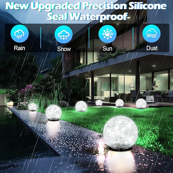 Garden Solar Ball Lights Outdoor Waterproof, 80 LED Cracked Glass Globe Solar Power Ground Lights for Path Yard Patio Lawn, Outdoor Decoration Landscape White (2 Pack 5.9'')-HomvellaHome