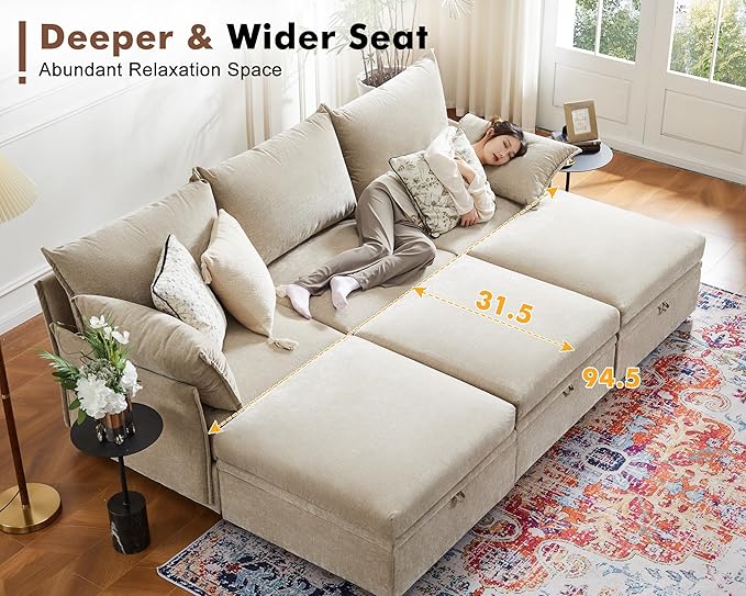 102.6" Modular Sectional Sofa, L Shaped Couch Set for Living Room, 3-Seater Comfy Cloud Couches with Movable Storage Ottoman,DIY Combination - Chenille Beige-HomvellaHome