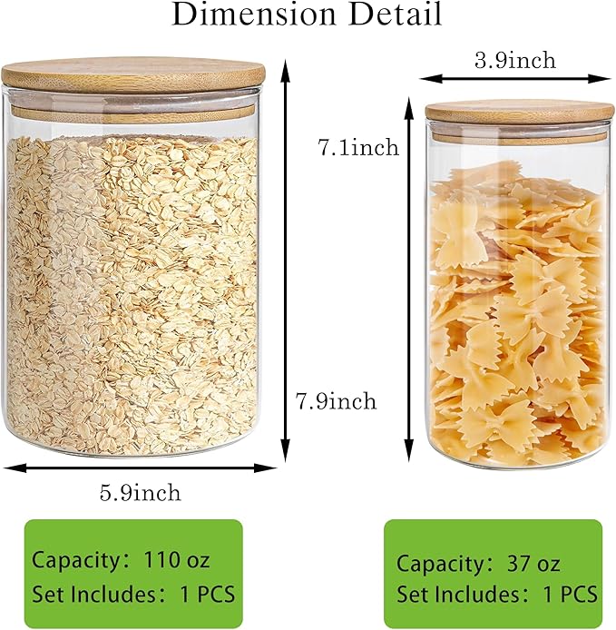 Glass Storage Jars Set Elegant Containers with Airtight Bamboo Lids, Perfect for Kitchen Organization - Flour, Rice, Pasta, Sugar, Coffee Beans, Accessories Included (2 packs(37oz / 110oz))-HomvellaHome