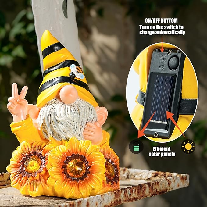 Garden Sculptures & Statues Resin Summer Bee Gnome with Sunflower, Outdoor Funny Decoration Solar Light Figurine Gifts for Yard, Patio Decor for Mom-HomvellaHome