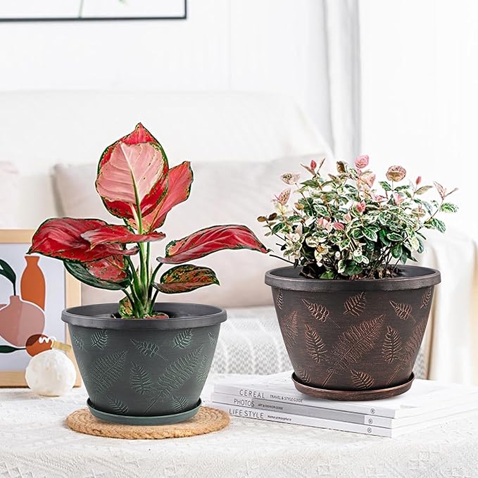 11 inch Plant Pot Set of 3, Plastic Flower Pots with Drainage Hole & Tray, Decorative Round Planters for Indoor Plants, Modern Outdoor Home Flowers Plants Garden Pots (Green)-HomvellaHome