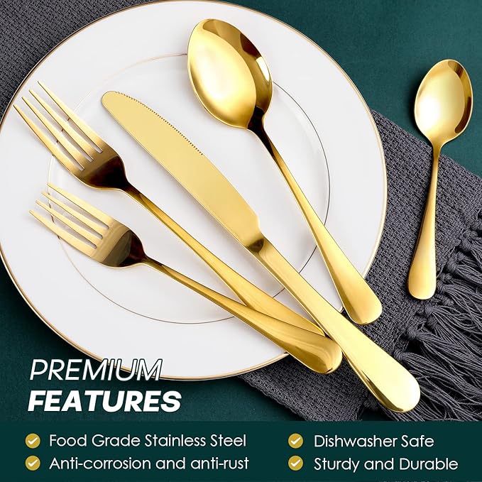 Gold Silverware Set, OGORI 40-Piece Food Grade Stainless Steel Gold Flatware Set, Kitchen Utensil Set Service for 8, Mirror Polished Tableware Cutlery Set for Home and Restaurant, Dishwasher Safe-HomvellaHome