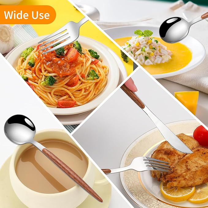 16 PCS Silverware Set for 4,Stainless Steel Flatware Cutlery Eating Utensils Set with Wood Grain Handle,Steak Knives Forks and Spoons for Home,Party,Mirror Polished and Dishwasher Safe-HomvellaHome