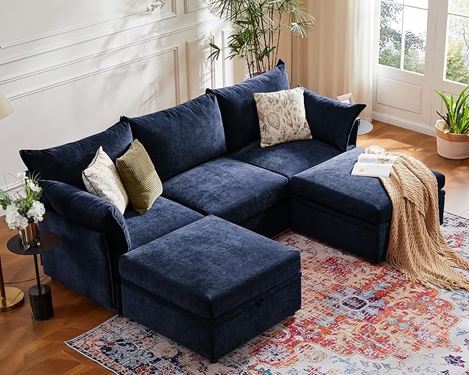 102.6" U Shaped Modular Sectional Sofa, 5 Seater Couch with Storage Ottoman Deep Seat and High Backrest with Removable Cover for Living Room, Apartment - Chenille Blue-HomvellaHome