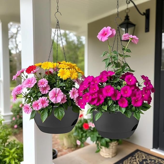 2 Pack Hanging Planters for Indoor Outdoor Plants, 12 Inch Self Watering Hanging Pot with Drainage Holes and Saucer, Plastic Plant Pots, Black Flower Pots for Kitchen, Balcony, Garden-HomvellaHome