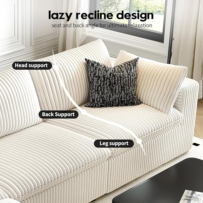 157.5" Cloud Couch Modular Sectional Sofa for Living Room,Modern Sofa with Deep Seat，L-Shape Boneless Couch with Ottoman,Comfy Upholstered Corduroy Couches for Apartment, Studio, Office,Bedroom，White-HomvellaHome