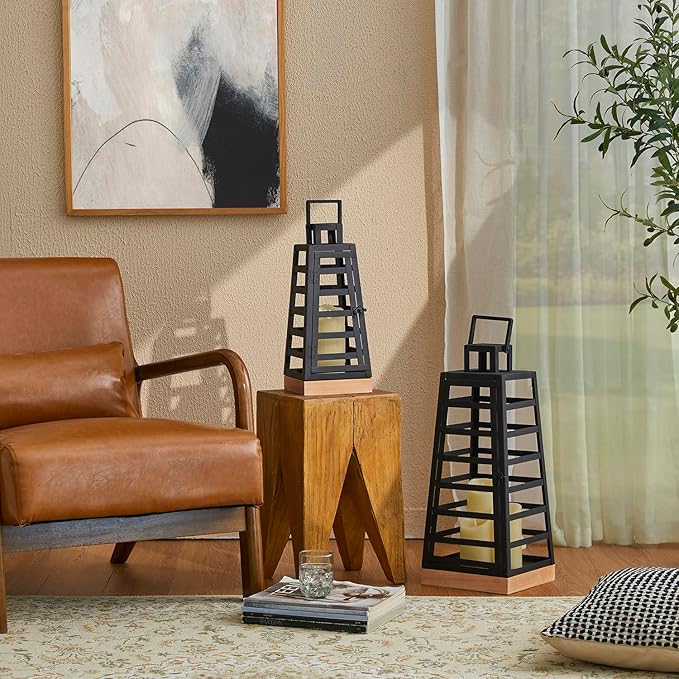 Glitzhome Set of 2 Modern Trapezoid Metal/Wood Decorative Lanterns,Large Candle Lanterns for Living Room,Home,Indoor, Outdoor,Table,Fireplace Mantle Decor -Black(No Glass)-HomvellaHome