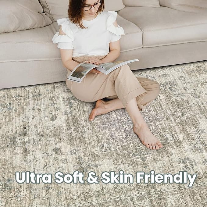 Washable Area Rugs for Living Room - 5x7 Neutral Vintage Distressed Floral Farmhouse Boho Large Soft Floor Rug Indoor Non Slip Carpet for Living Room Bedroom Dining Room Office - Brown/Tan-HomvellaHome