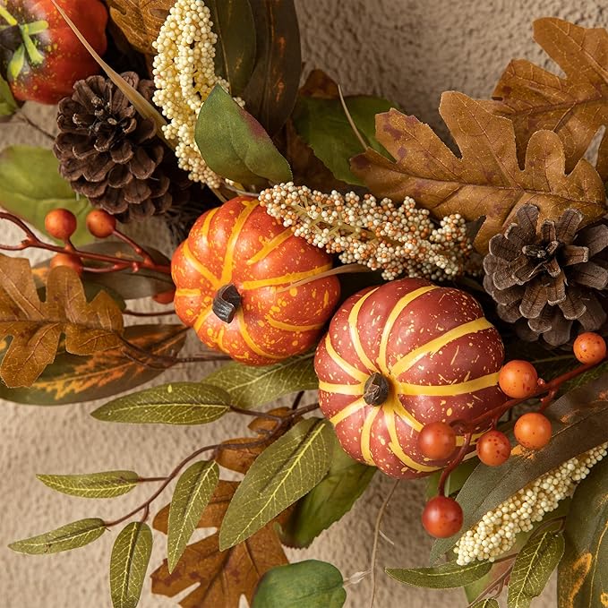 Glitzhome 24''D Fall Pumpkin Leaf Floral Wreath Decor, Artificial Harvest Door Wreath for Autumn or Thanksgiving Decoration-HomvellaHome