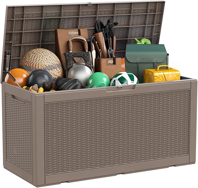 100 Gallon Resin Deck Box, Lockable Patio Outdoor Storage Box for Furniture, Garden Tools and Tools Storage, Waterproof Outside Storage Box - Grey-HomvellaHome