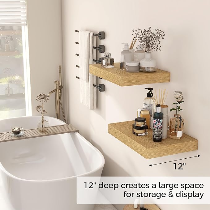 12 Inch Deep Floating Shelves, 16 x 12 Floating Shelf for Books, Rustic Wood Deep Wall Shelves for Home Storage & Display, 2" Thicked Shelves for Kitchen, Living Room, Bedroom, Oak Color, 2 Pack-HomvellaHome