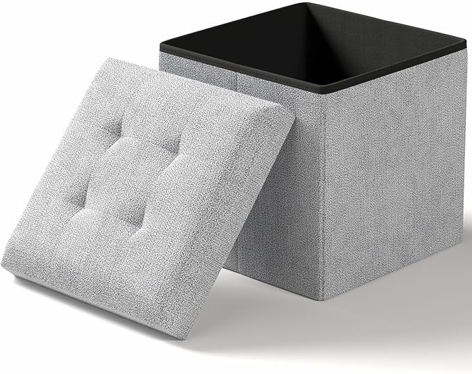 15 Inches Small Folding Storage Ottoman Cube, Storage Footrest, Foot Rest Stool, for Living Room, Bedroom, Dorm, Hallway, Entryway, Light Gray-HomvellaHome