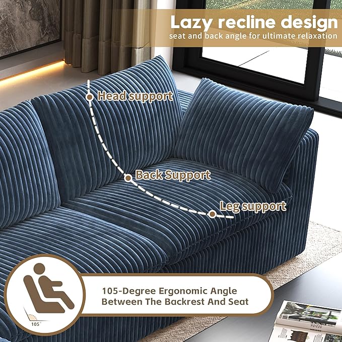 118" 6-Seater Cloud Sofa,Modular Sectional Couch with Ottoman,Modern Deep Seat Upholstered Couches with Plush Corduroy Fabric for Living Room Furniture,Bedroom and Apartment,No Assembly Required,Blue-HomvellaHome