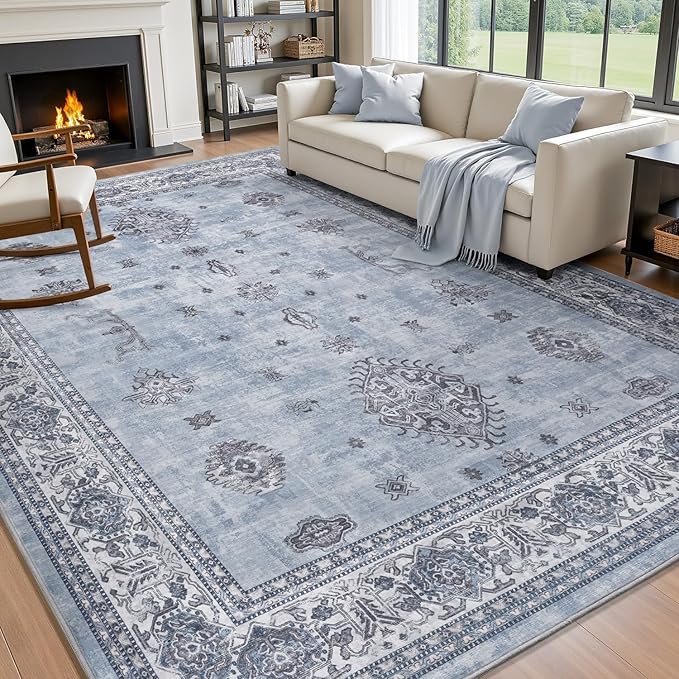 AMOAMI-Vintage Area Rug 5X7 Blue Rugs for Living Room-Soft Living Room Rug Non Slip Rugs for Bedroom Carpet Machine Washable Rug for Dining Room Bedside Office Room Decor-HomvellaHome
