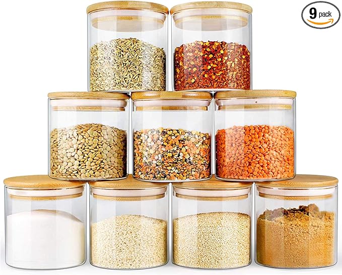 Glass Jars with Bamboo Lids (16oz in 9 Pack), Food Jars and Canisters Sets with lids, Food Storage Jars with Airtight Lids, Glass Pantry Jars-HomvellaHome