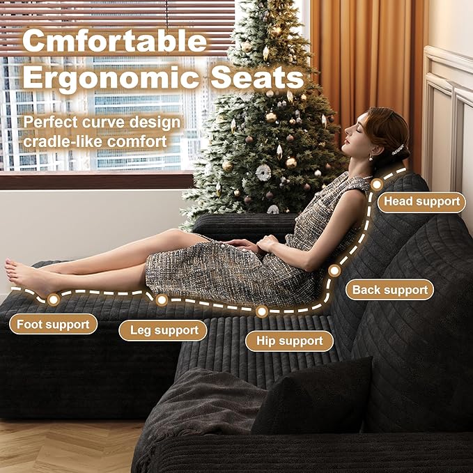 108" Sectional Couches for Living Room Modern Modular Sofa with L-Shape Couchs Upholstered Boneless Couch Deep Seat Sectional Couch with Chaise (Black, Left Facing Chaise+2Seaters)-HomvellaHome