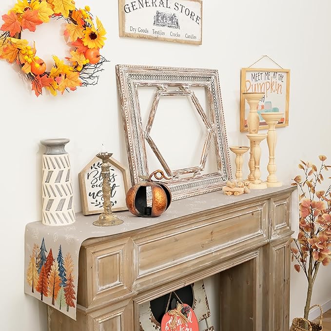 GEEORY Fall Watercolor Trees & Maple Leaves Table Runner 13x72 Inch, Rustic Farmhouse Autumn Thanksgiving Decor for Kitchen, Dining, Indoor/Outdoor Holiday Dinner Party Orange Grey GT159-72-HomvellaHome