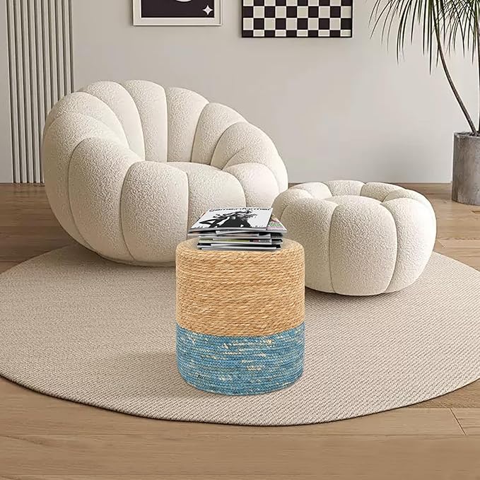 16'' Round Ottoman Natural Seagrass Braided Poof Hand Weaving Round Ottomans Boho Footrest Stool for Home Living Room Bedroom Patio(Natural&Blue)-HomvellaHome